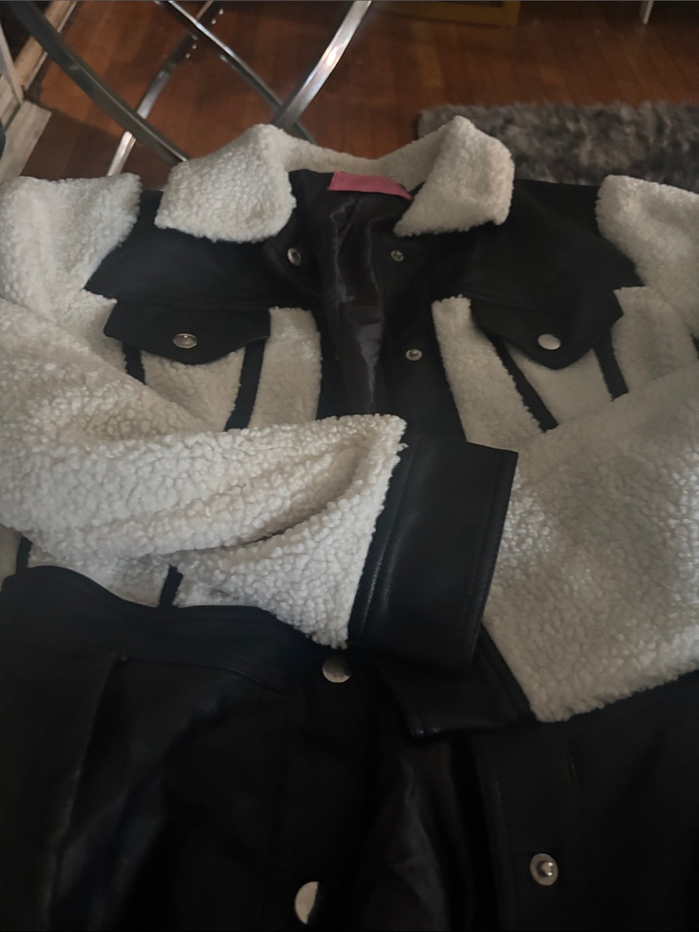 Faux Leatherq Sherpa Jacket - Black & White